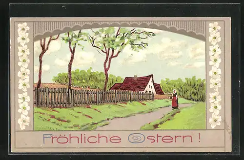 Präge-AK Fröhliche Ostern!, Strasse vorm Dorf