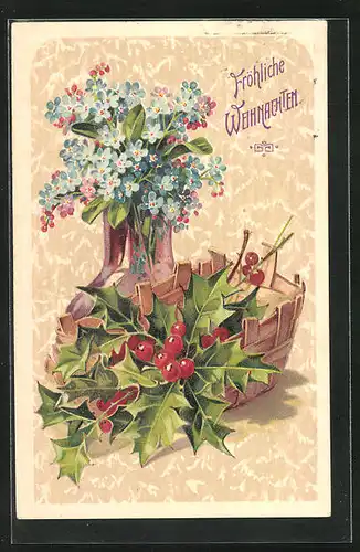 Präge-AK Blumenstrauss in Vase und Stechpalme, Weihnachtsgruss