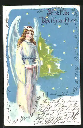 AK Weihnachtsengel vor dem Weihnachtbaum, Weihnachtsgruss