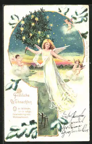 AK Weihnachtsengel mit Weihnachtsbaum, Weihnachtsgruss