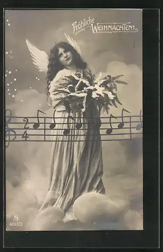 AK Weihnachtsengel mit Tannenzweigen auf Wolke, Noten, Weihnachtsgruss