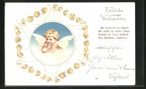 AK Weihnachtsengel auf Wolke im Stern, Weihnachtsgruss