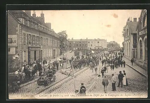 AK Vierzon, Concours de Peche, Ouverture du Défiéle par la Compagnie des Sapeurs-Pompiers