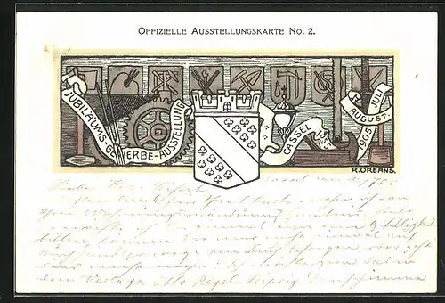 Künstler-AK Cassel, Jubiläums-Gewerbe-Ausstellung 1905, Hobel, Säge, Wappen