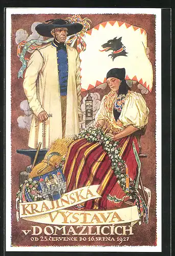 Künstler-AK Domazlice, Krajinska Vystava 1927, Wappen, Ausstellung