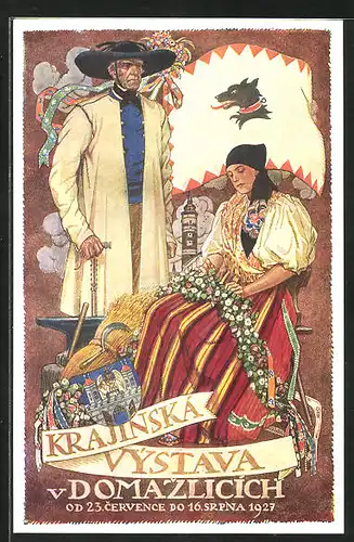 Künstler-AK Domazlice, Krajinska Vystava 1927, Wappen, Ausstellung