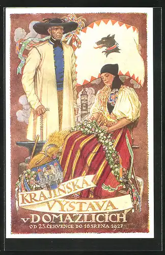 Künstler-AK Domazlice, Krajinska Vystava 1927, Ausstellung, Wappen