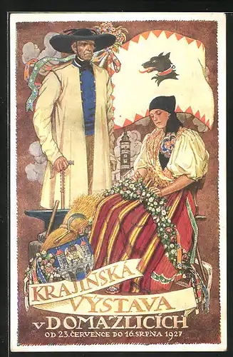 Künstler-AK Domazlice, Krajinska Vystava 1927, Ausstellung, Wappen