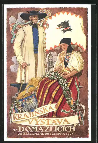 Künstler-AK Domazlice, Krajinska Vystava 1927, Ausstellung, Wappen