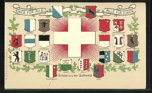 Präge-AK Einer für Alle, Alle für Einen, Wappen schweizer Städte wie Luzern, Bern, Zürich