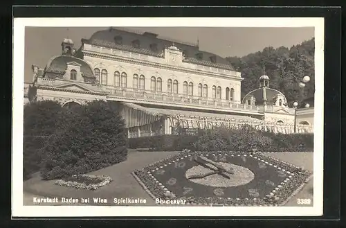 AK Baden b. Wien, Spielkasino mit Blumen Uhr