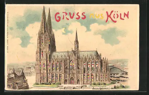 Lithographie Köln, Halt gegen das Licht: Dom mit fabigen Fenstern