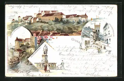 Lithographie Bautzen, Blick v. Eselberg, Georgendenkmal, Schlossstrasse