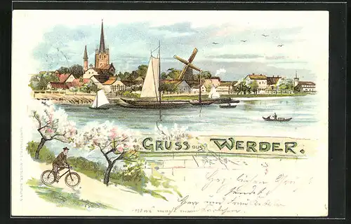 Lithographie Werder, Uferpartie mit Windmühle, Segelboot und Radfahrer