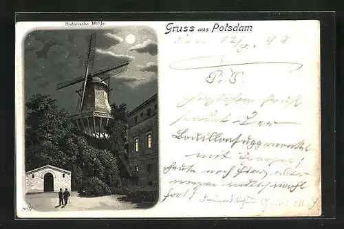 Lithographie Potsdam, Historische Mühle bei Mondschein