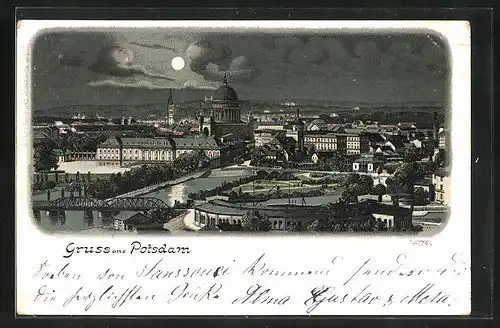 Lithographie Potsdam, Teilansicht bei Mondschein