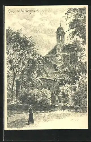 Künstler-AK Klein Machnow, Frau steht vor der Kirche
