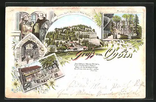 Lithographie Oybin, Gesellschaftsplatz, Kreuzgang, Friedhof und Kirchruine