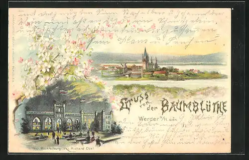 Lithographie Werder an der Havel, Baumblütenfest, Panorama, Wachtelburg