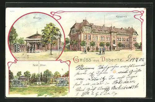 Lithographie Döberitz, Wache, Feldaltar, Kaserne