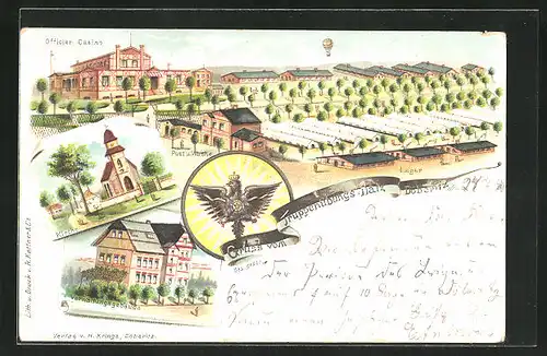 Lithographie Döberitz, Truppenübungsplatz, Offizierkasino, Kirche und Lager