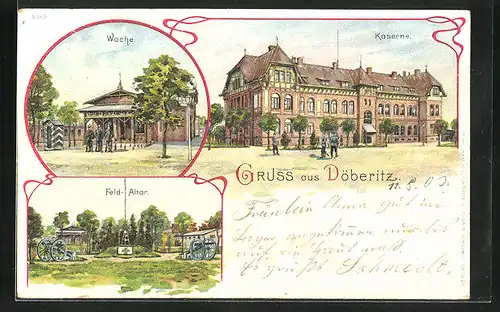 Lithographie Döberitz, Wache, Kaserne, Feldaltar