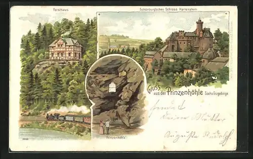 Lithographie Prinzenhöhle, Forsthaus, Schönburg`sches Schloss Hartenstein