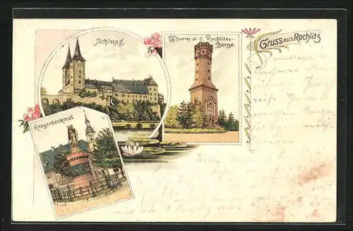 Lithographie Rochlitz, Schloss, Kriegerdenkmal, Turm a. d. Rochlitzberge