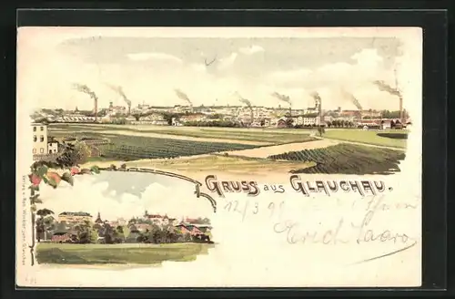 Lithographie Glauchau, Panorama mit Schornsteinen