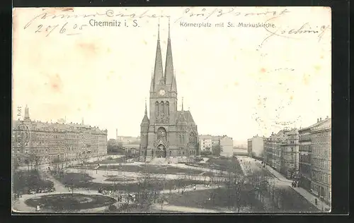 AK Chemnitz i. S., Körnerplatz mit St. Markuskirche
