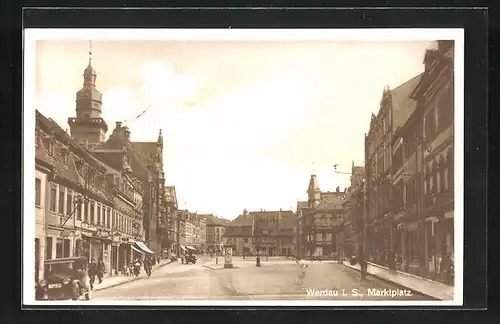 AK Werdau i. S., Marktplatz mit Geschäften