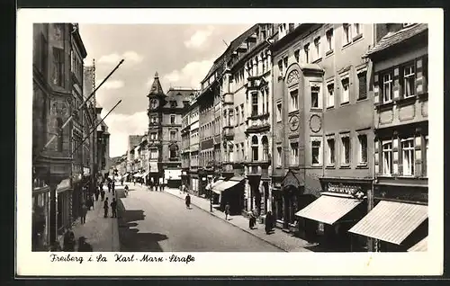 AK Freiberg i. Sa., Karl-Marx-Strasse mit Geschäften