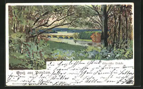 Künstler-AK Potsdam, Glienicker Brücke zwischen Bäumen