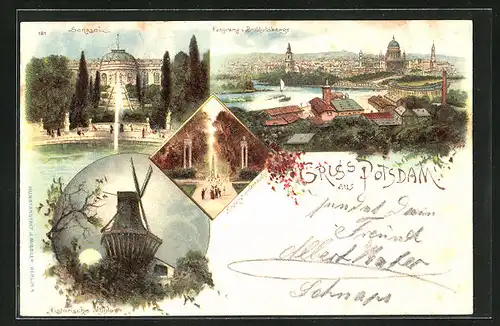 Lithographie Potsdam, Sanssouci, Panoraman vom Rathausberg, Historische Windmühle