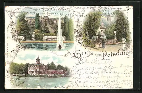 Lithographie Potsdam, Schloss Sanssouci, Historische Windmühle, Mamor-Palais