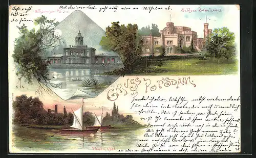 Lithographie Potsdam, Pfaueninsel, Schloss Babelsberg, Mamor-Palais