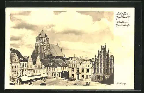 AK Greifswald, Markt mit Marienkirche
