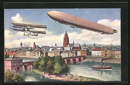 Künstler-AK Frankfurt a. M., ILA, Zeppelin und Flugzeug über dem Main