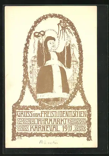 Künstler-AK München, Karneval 1911, Freistudentischer Jahrmarkt, Münchner Kindl