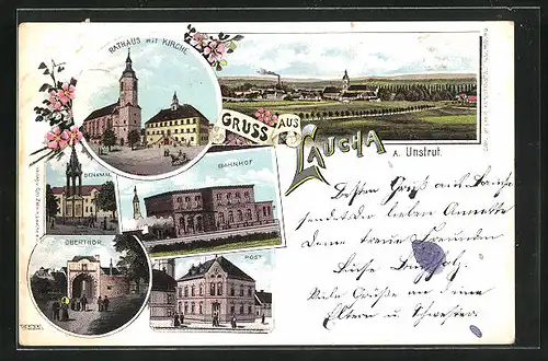 Lithographie Laucha / Unstrut, Bahnhof, Rathaus mit Kirche, Post, Denkmal, Totalansicht