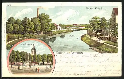 Lithographie Genthin, Marktplatz und Plauer Kanal