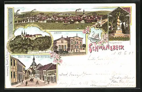 Lithographie Schwanebeck, Breite Strasse, Bahnhof, Kriegerdenkmal, Totalansicht