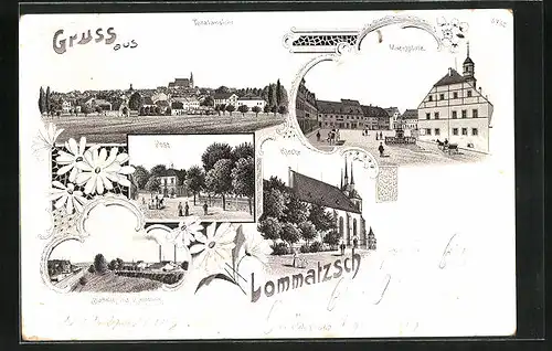 Lithographie Lommatzsch, Bahnhof mit Glasfabrik, Marktplatz, Kirche, Post