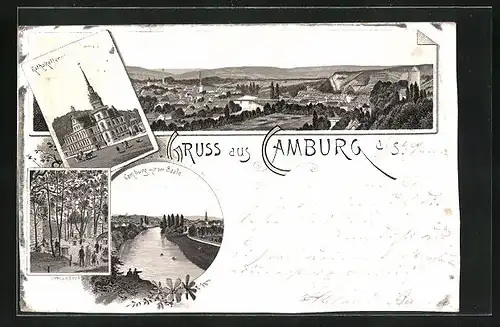 Lithographie Camburg a. S., Gasthaus zum Rathskeller, Totalansicht, Saalepartie