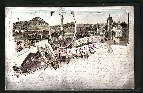 Lithographie Freyburg / Unstrut, Sektkellerei, Erinnerungs-Turnhalle, Kriegerdenkmal, Jahnhaus und Schloss