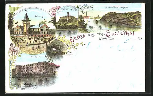 Lithographie Halle / Saale, Gasthaus Peissnitz, Moritzburg, Ruine Giebichenstein