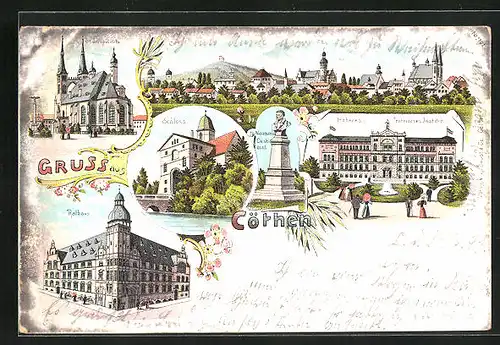 Lithographie Cöthen, Rathaus, Technisches Institut, Schloss, Panorama