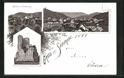 Lithographie Suderode, Panorama mit Ruine Lauenburg, Blick nach Gernrode mit Stubenberg