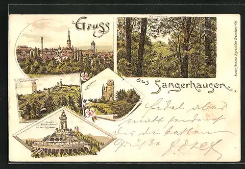 Lithographie Sangerhausen, Panorama mit Sachsenburgen, Kaiser Wilhelm-Denkmal, Rathenburg