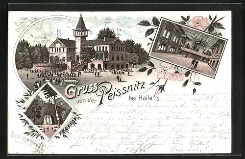 Lithographie Halle / Saale, Gasthaus Peissnitz, Innen- und Aussenansicht